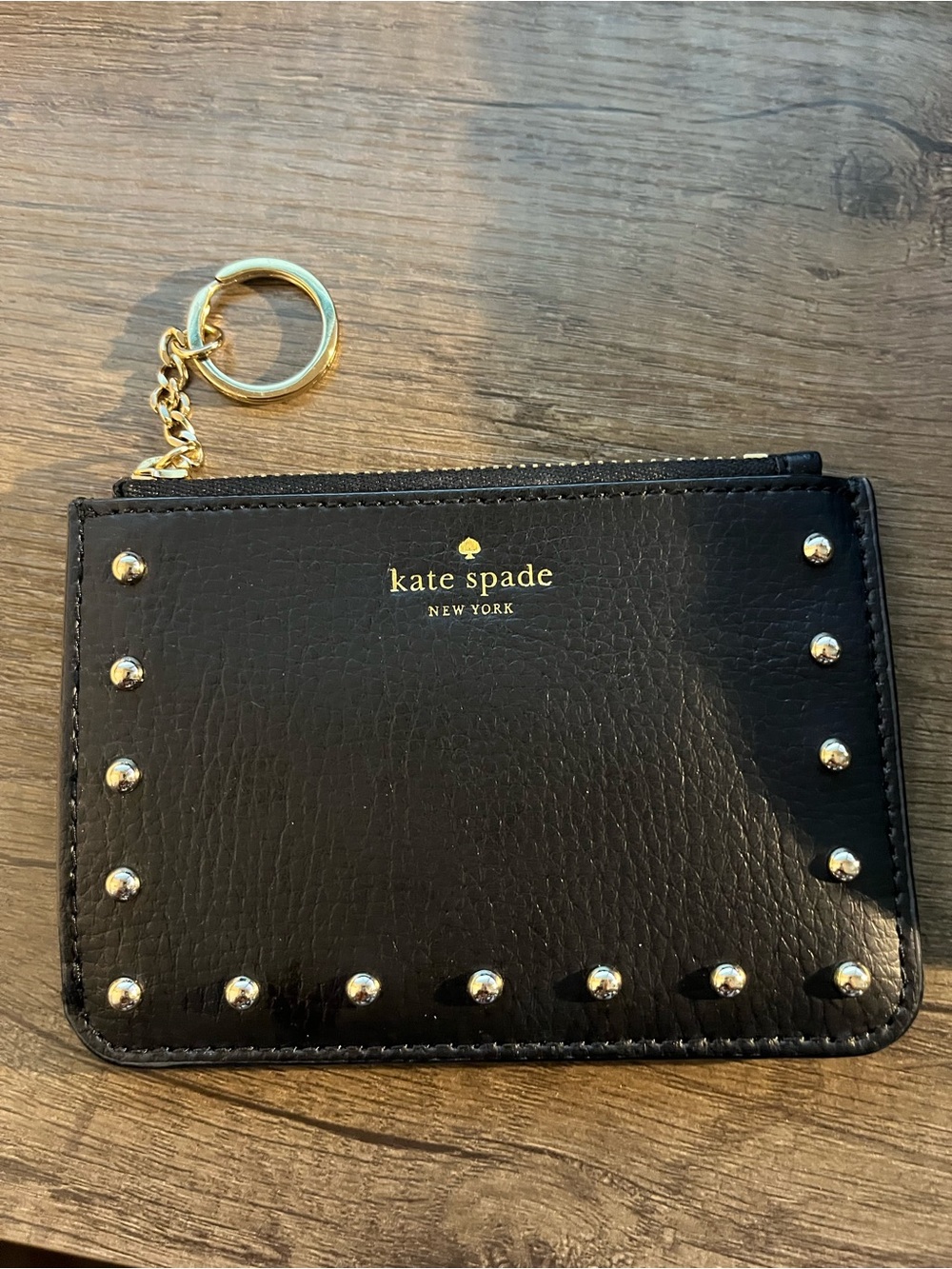 kate spade Black Leather Studded Key & Card Holder with Gold Hardware